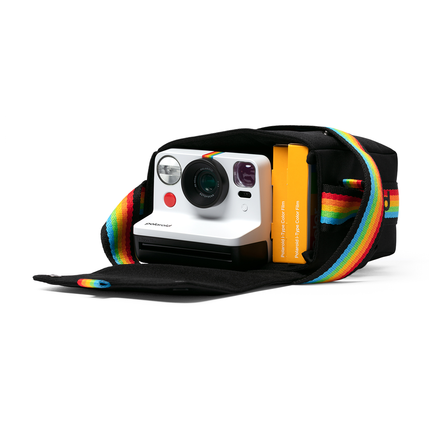 Fotocamera Polaroid bianca con borsa nera e pellicola.