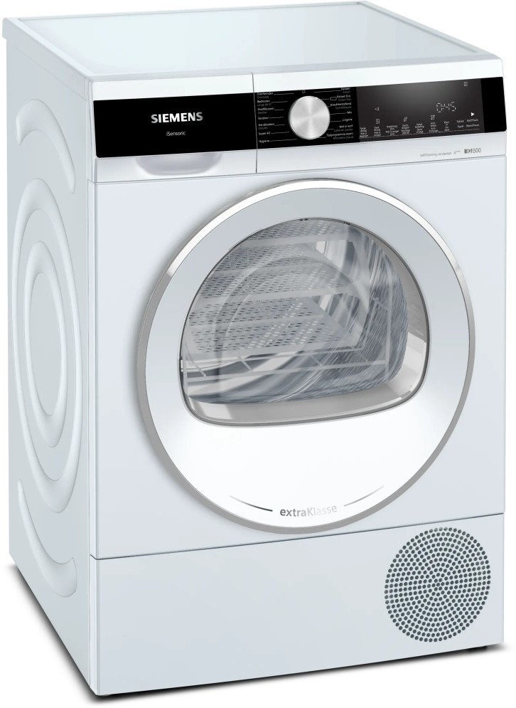 A white Siemens dryer. It has a round door and a control panel on top. It is a home appliance.