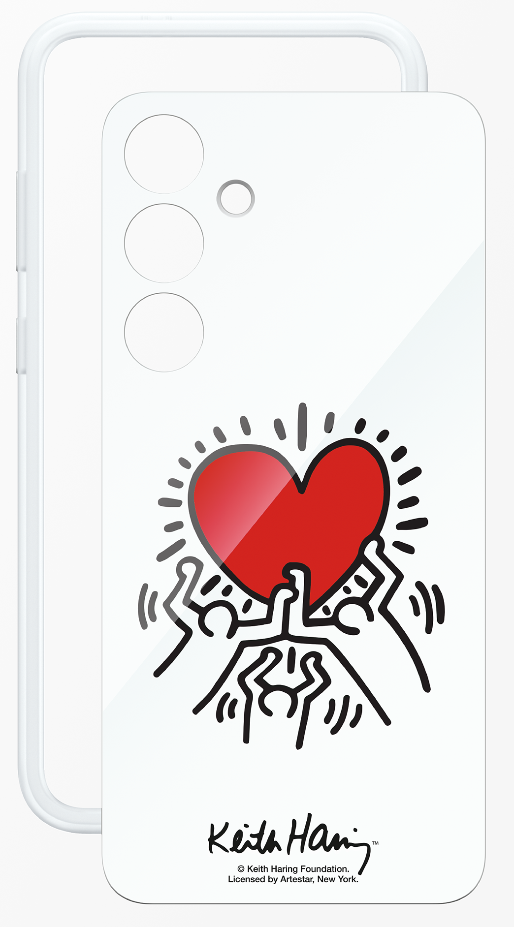 Fehér telefontok piros szívvel és fekete alakokkal.