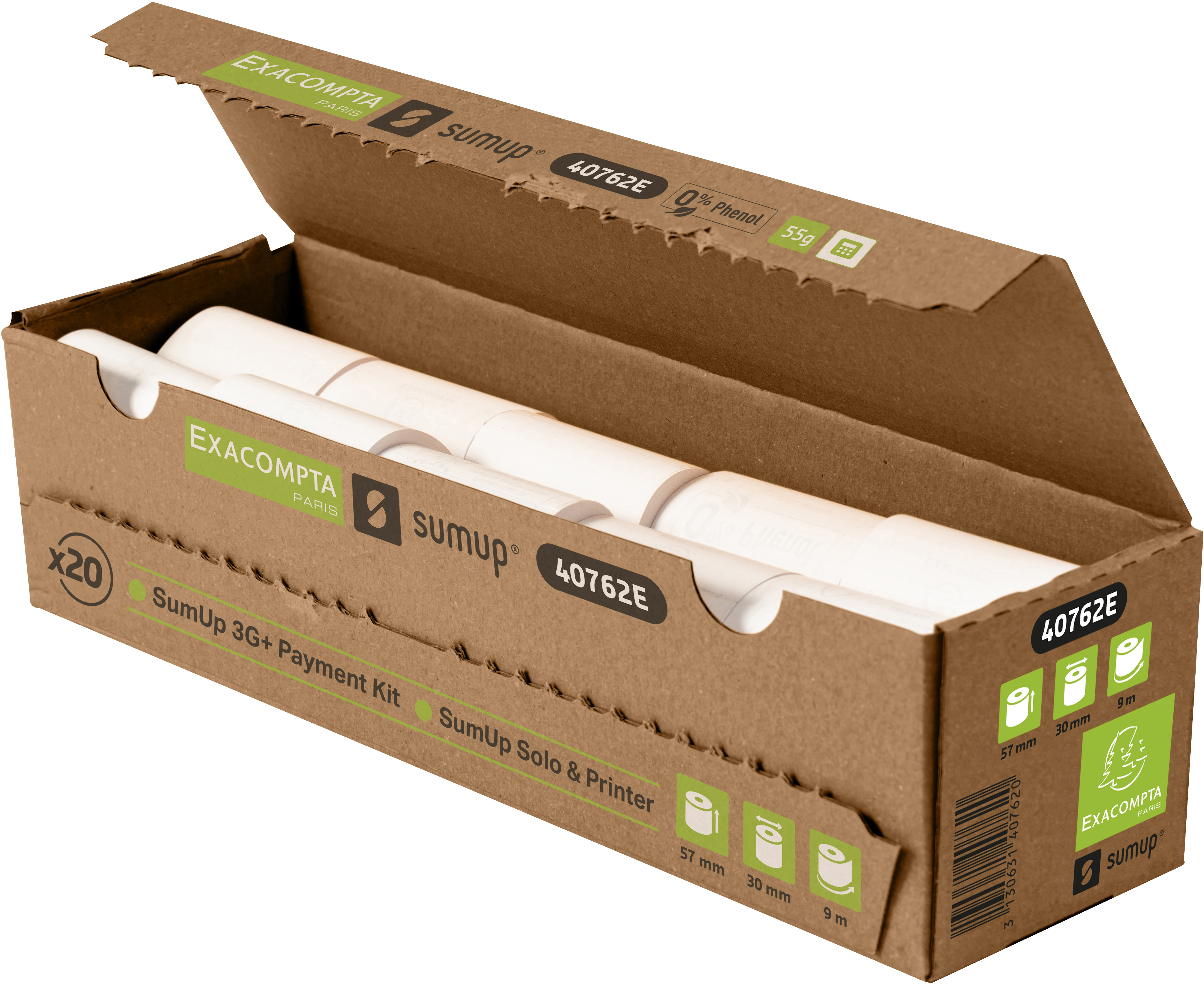 Scatola di cartone con rotoli di carta. Scatola con testo 'SumUp 3G+ Payment Kit'.