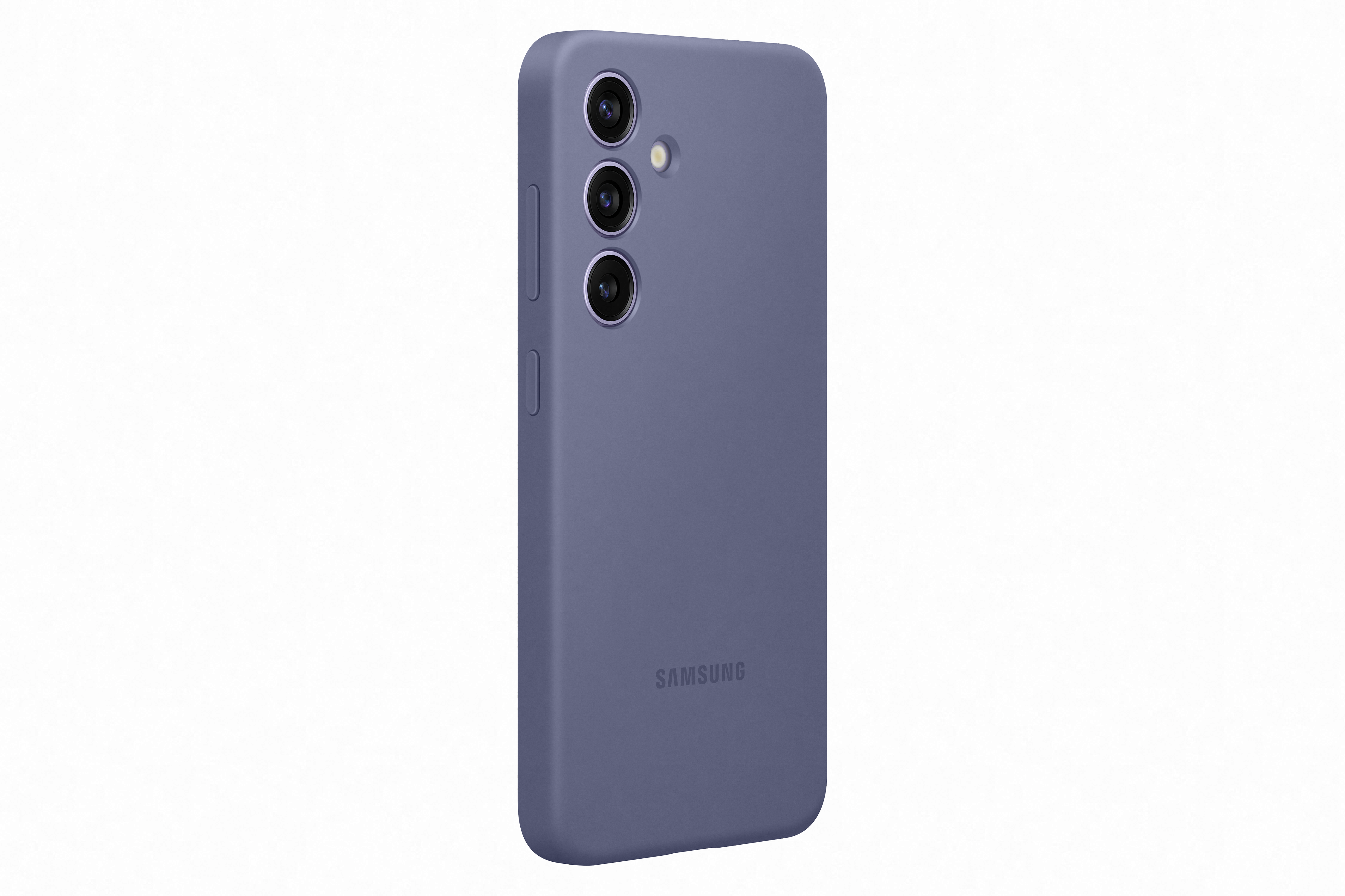 Üç lensli bir kameraya sahip mavi bir telefon kılıfı. Telefon kılıfında bir Samsung logosu var.