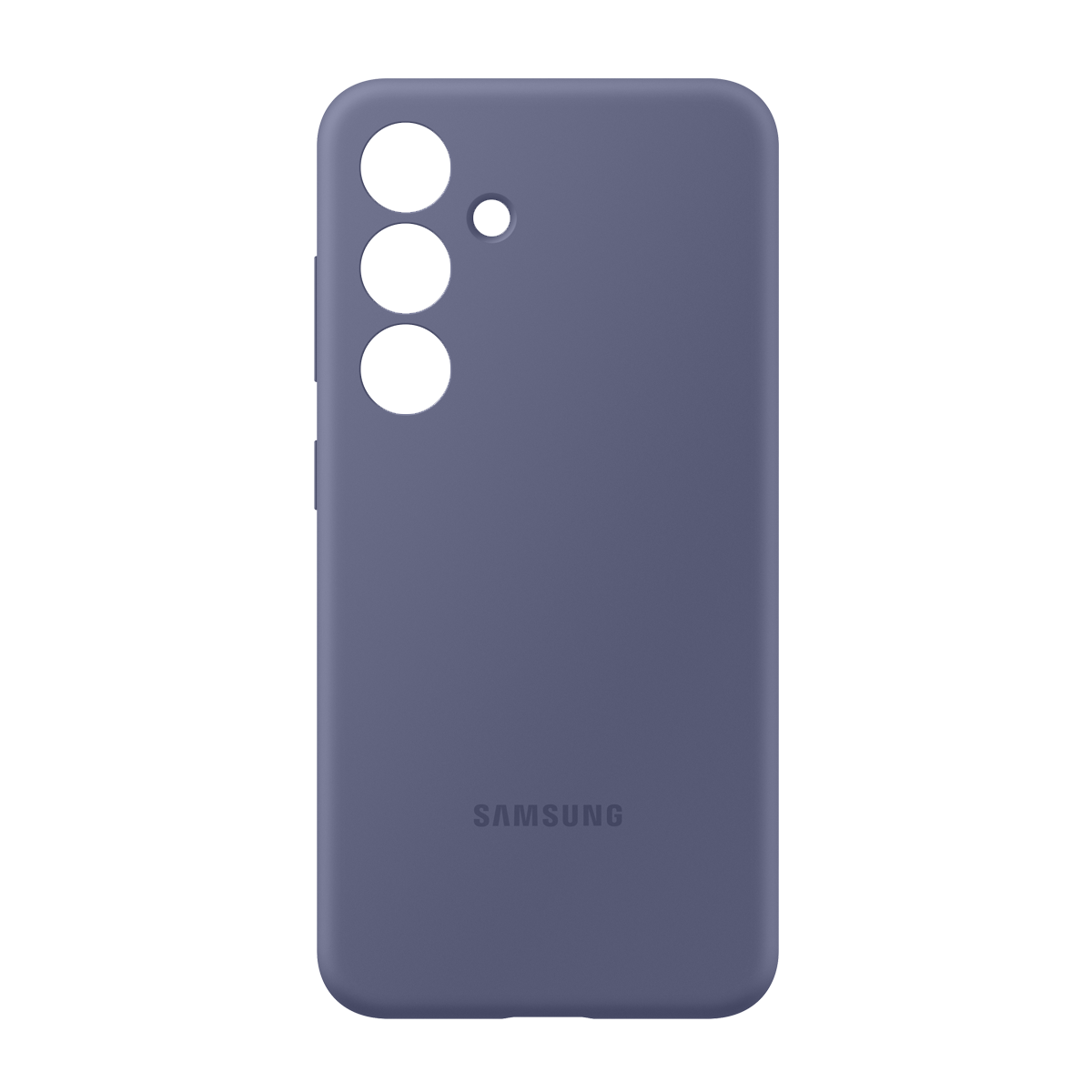 Üç kamera kesimi ve Samsung logosu olan mavi telefon kılıfı, siyah arka plan üzerinde.