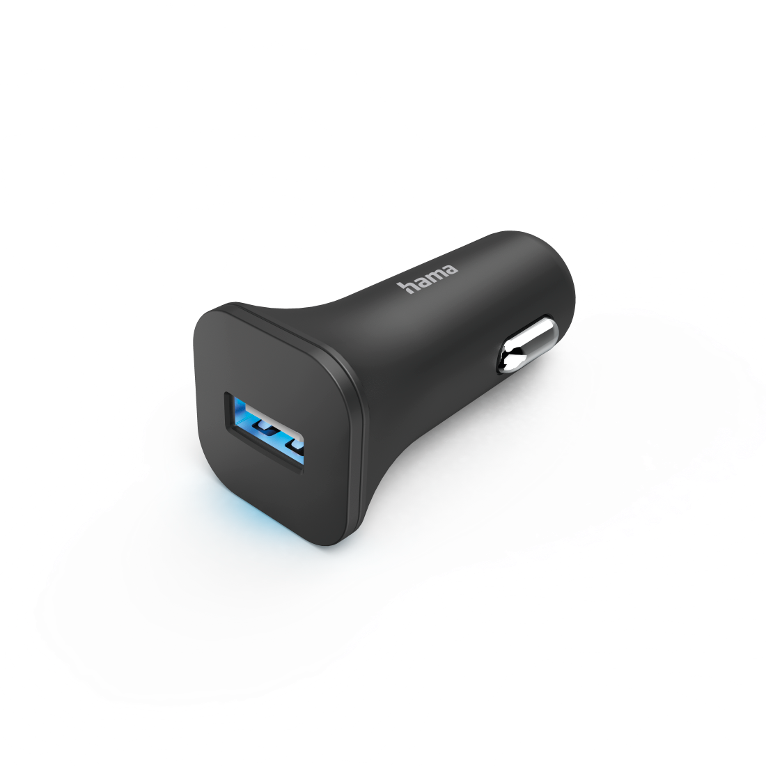 Ein schwarzes Hama-Autoladegerät mit USB-Anschluss, das blaues Licht aussendet, vor weißem Hintergrund.