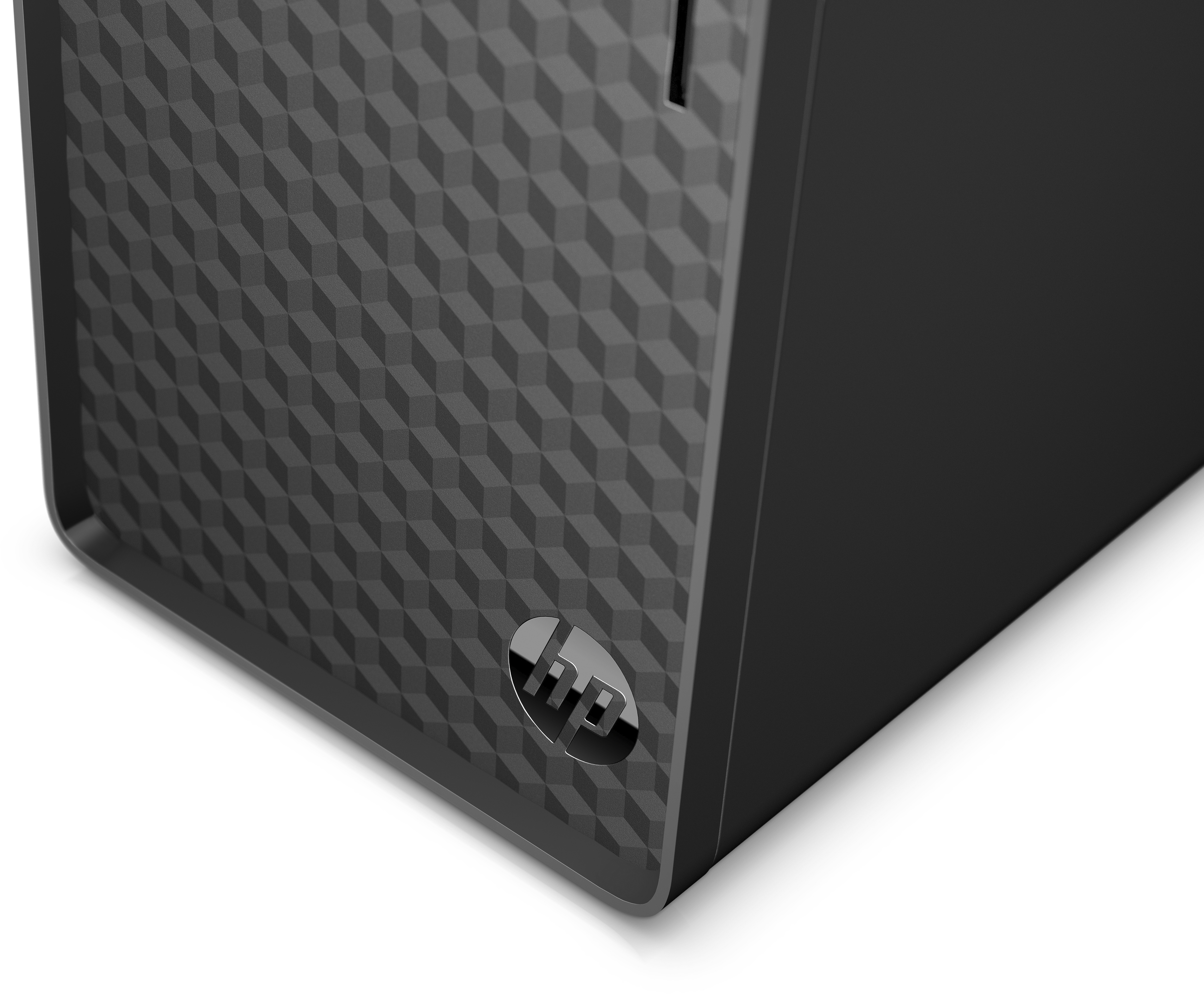 Ein schwarzes Computergehäuse mit einem HP-Logo an der Seite.