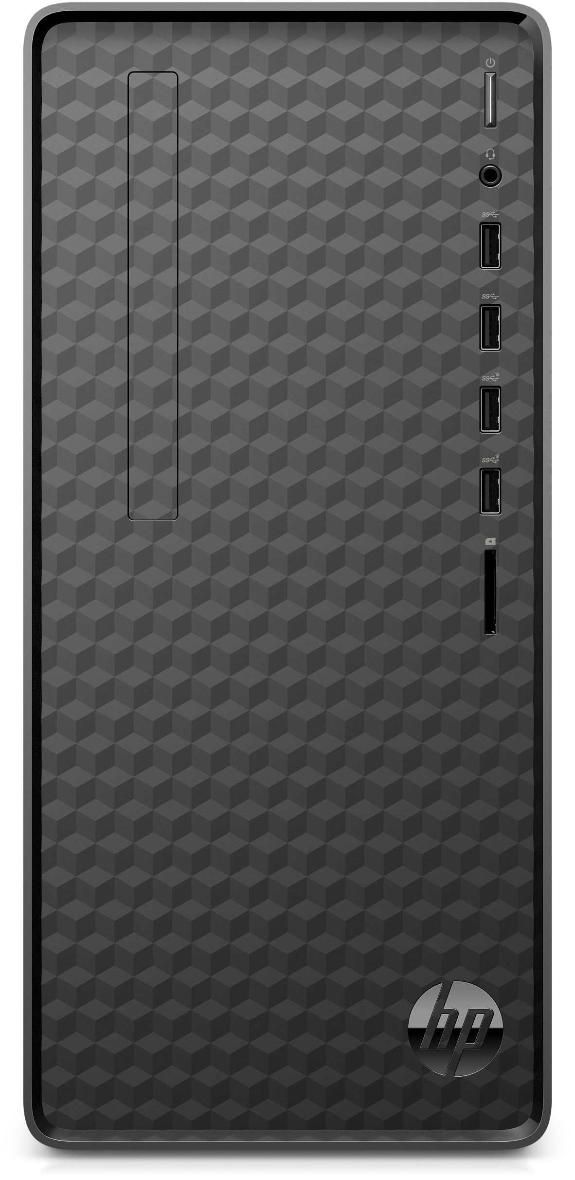 Schwarzer Computerturm mit geometrischem Muster und USB-Anschlüssen.