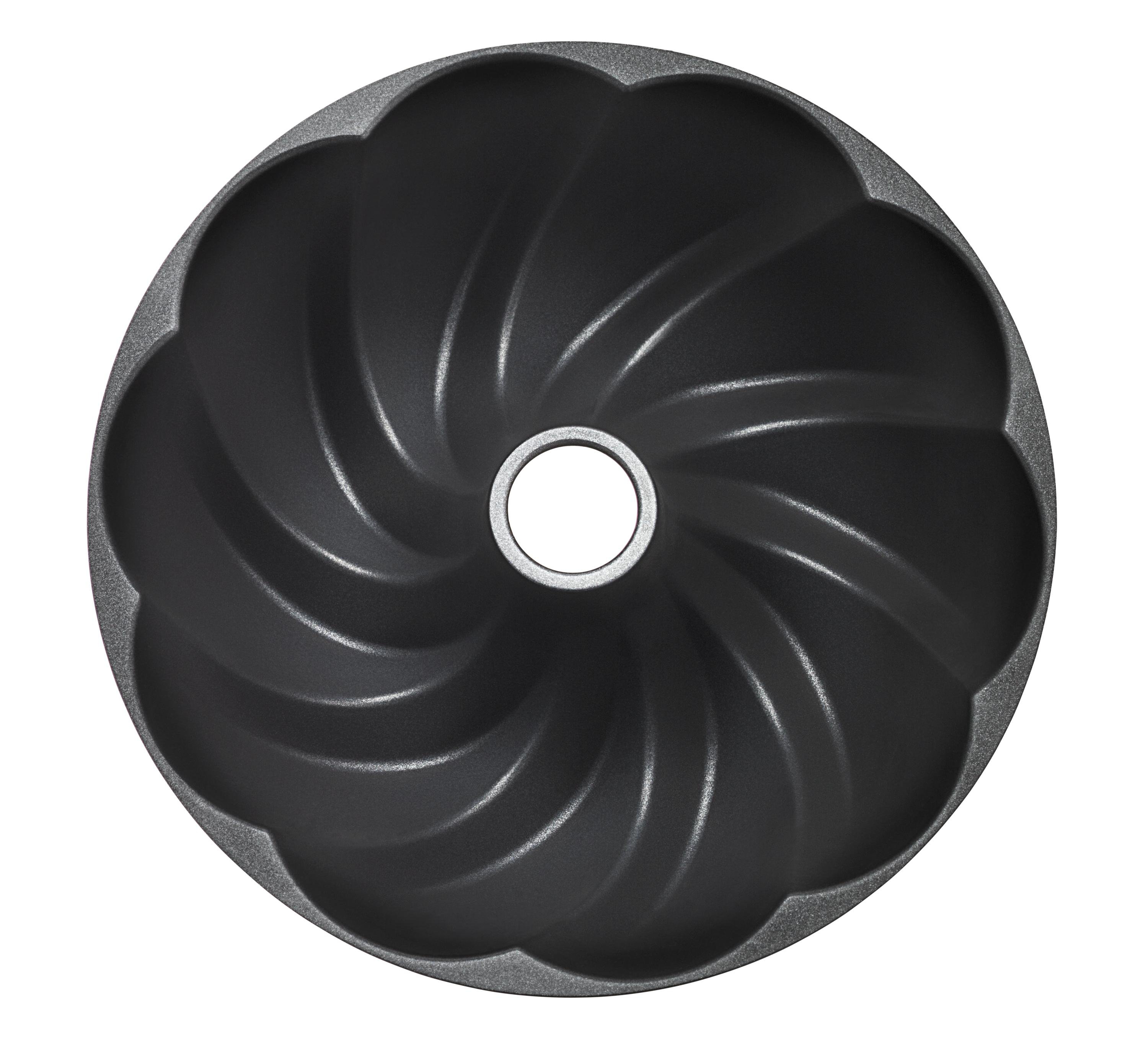 Schwarze Gugelhupf-Form mit kreisförmiger Mitte und Spiraldesign.