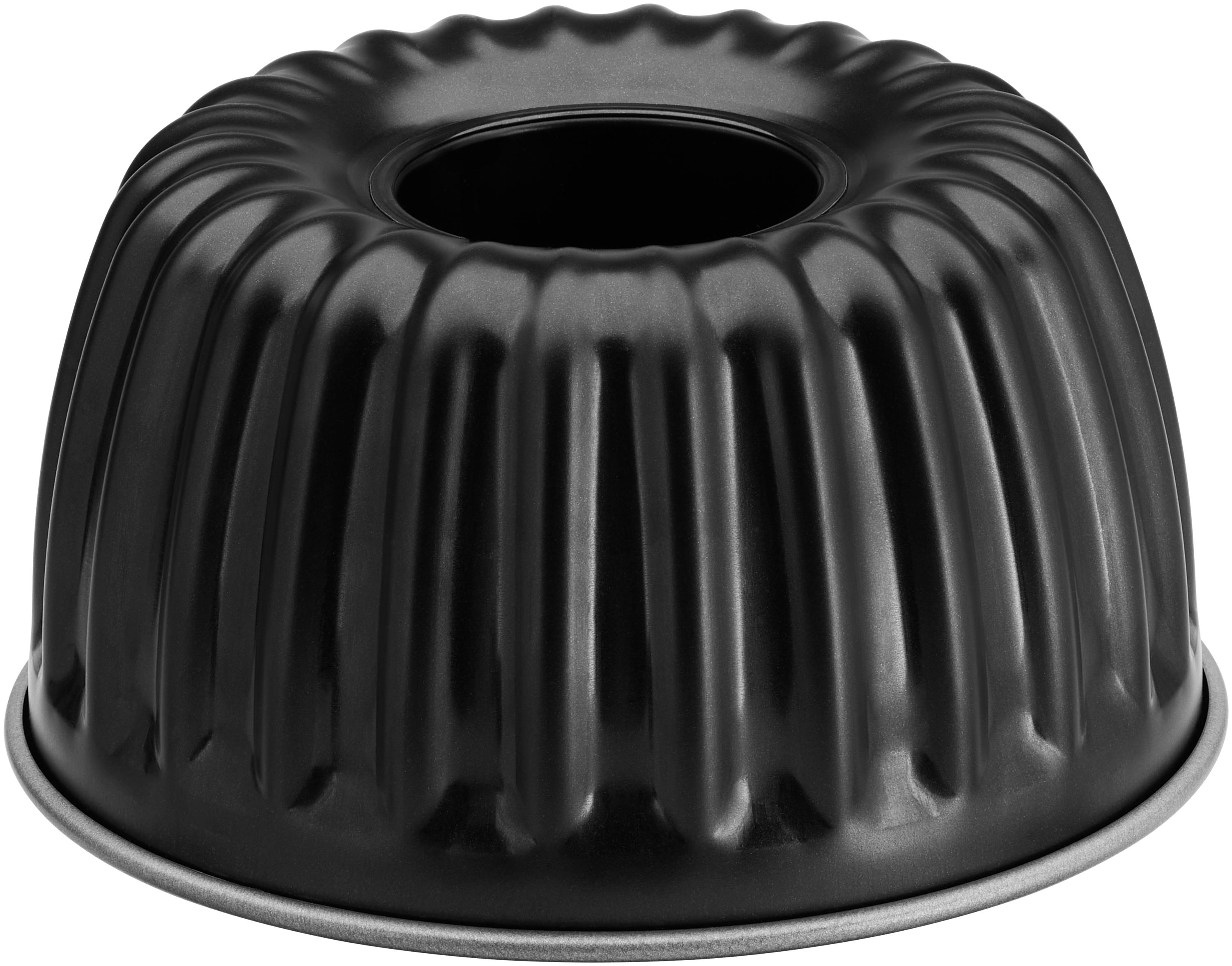 Eine schwarze Gugelhupf-Backform mit geriffeltem Design.