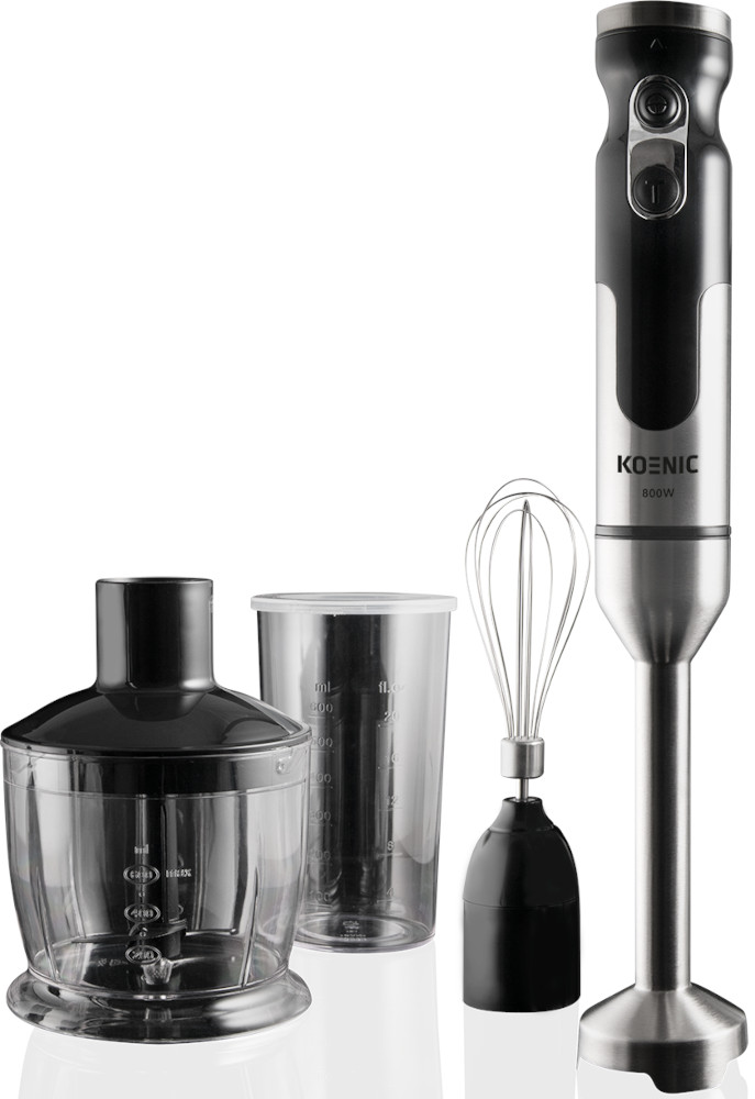 A Koenic hand blender with accessories. It includes a chopper, beaker, whisk, and blender.