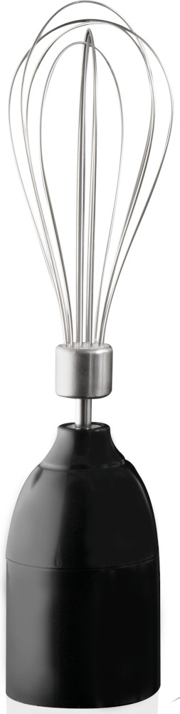 Black hand blender with a whisk attachment. The base is cylindrical, and the whisk is silver.
