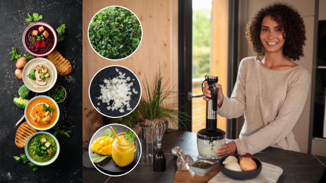 Woman blending ingredients. Bowls of soup and ingredients are nearby.