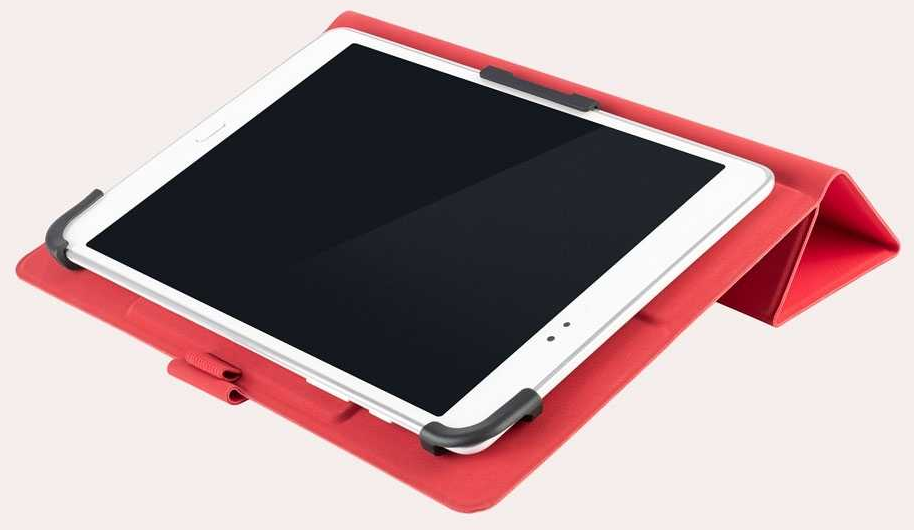 Tablet in una custodia rossa. Il tablet è bianco con schermo nero. La custodia è rossa.