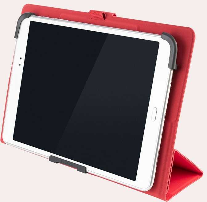 Custodia rossa per tablet con tablet bianco all'interno, vista angolata.