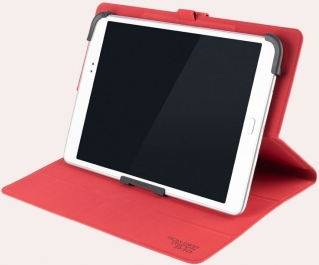Custodia rossa per tablet con un tablet all'interno.