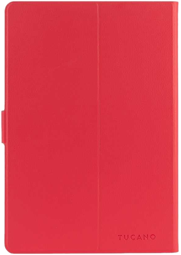Custodia rossa per tablet con superficie liscia e design piegato, marchio 'TUCANO' visibile.