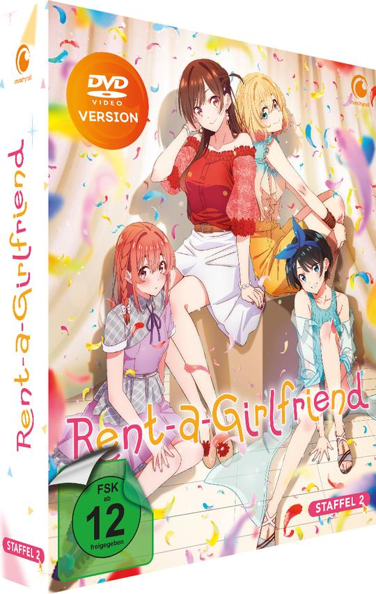 DVD-Box-Art für den Anime 'Rent-a-Girlfriend' mit 3 weiblichen Charakteren.