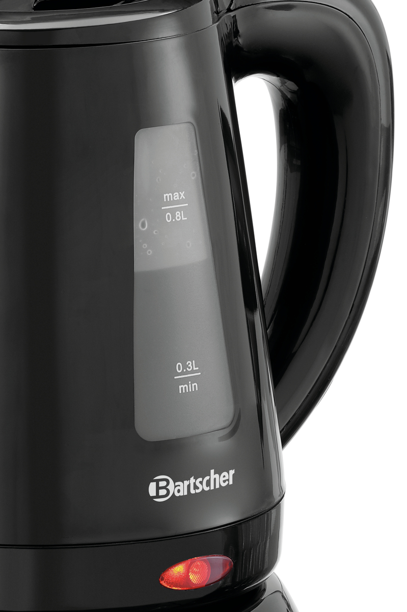 Ein schwarzer Wasserkocher mit Wasserstandsanzeige und dem 'Bartscher'-Logo.