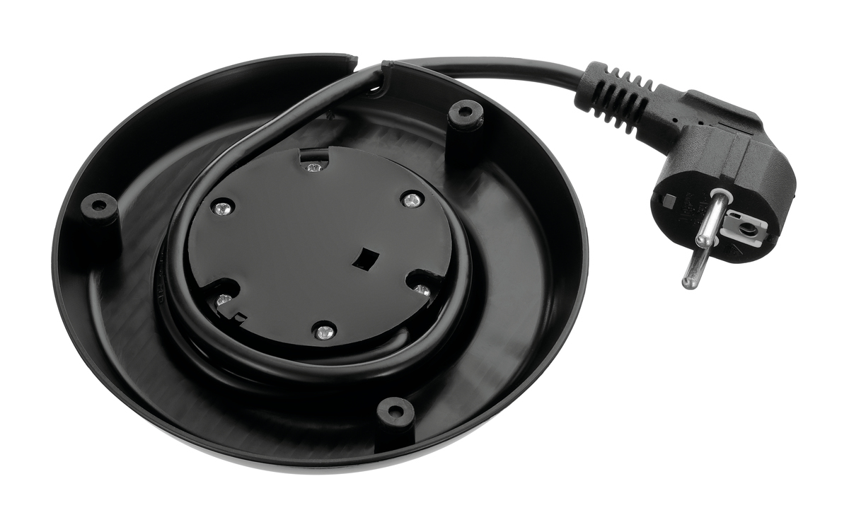 Schwarzer Sockel eines Geräts mit Netzkabel und Stecker, weißer Hintergrund.