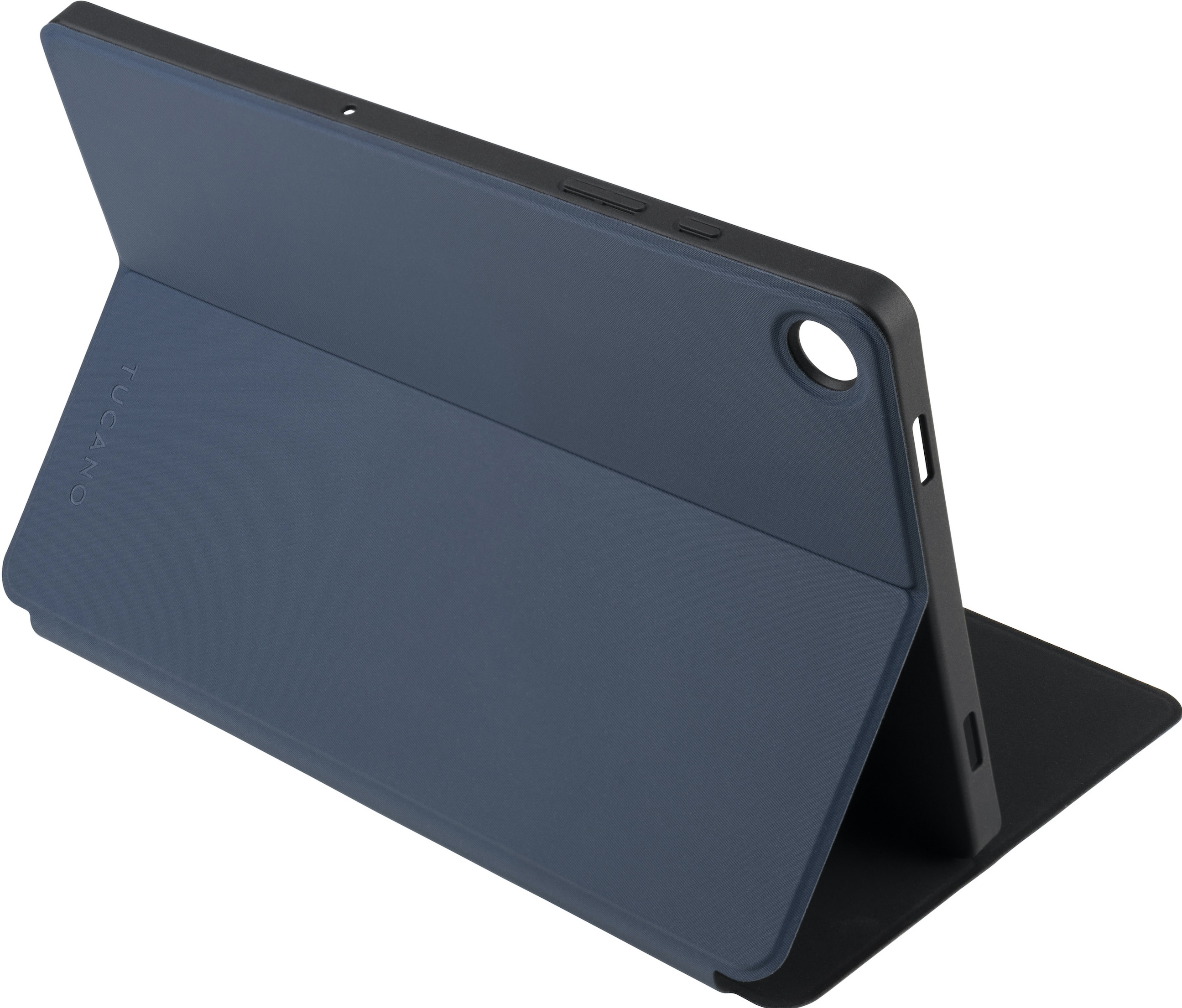 Eine dunkelblaue Tablet-Hülle gefaltet, mit dem Tucano-Logo sichtbar.