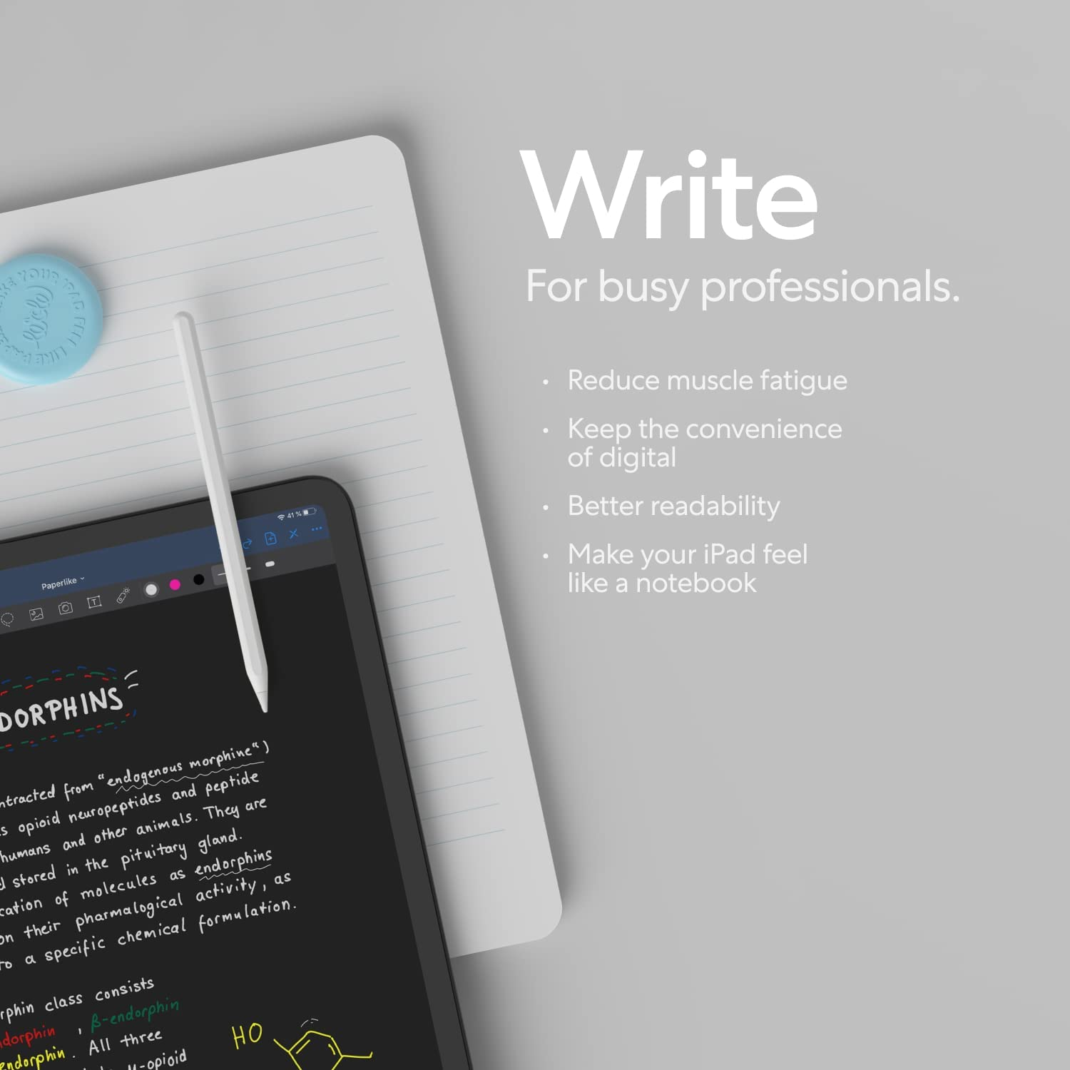 iPad avec stylet, bloc-notes et texte. L'écran affiche des notes manuscrites. Le texte promeut l'écriture numérique.