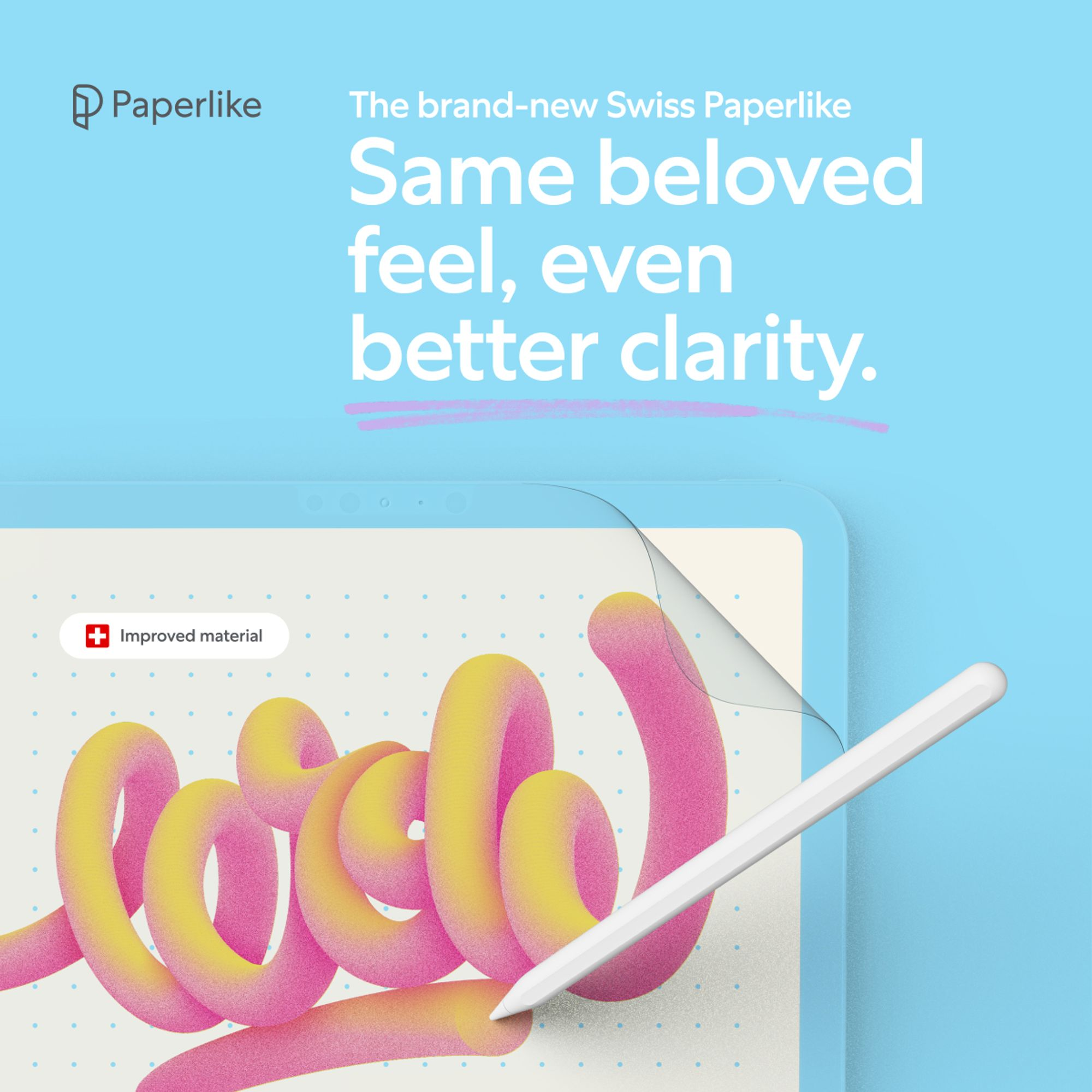 Tablette avec un stylet blanc, texte promotionnel pour le nouveau Swiss Paperlike et un graphique tourbillonnant.