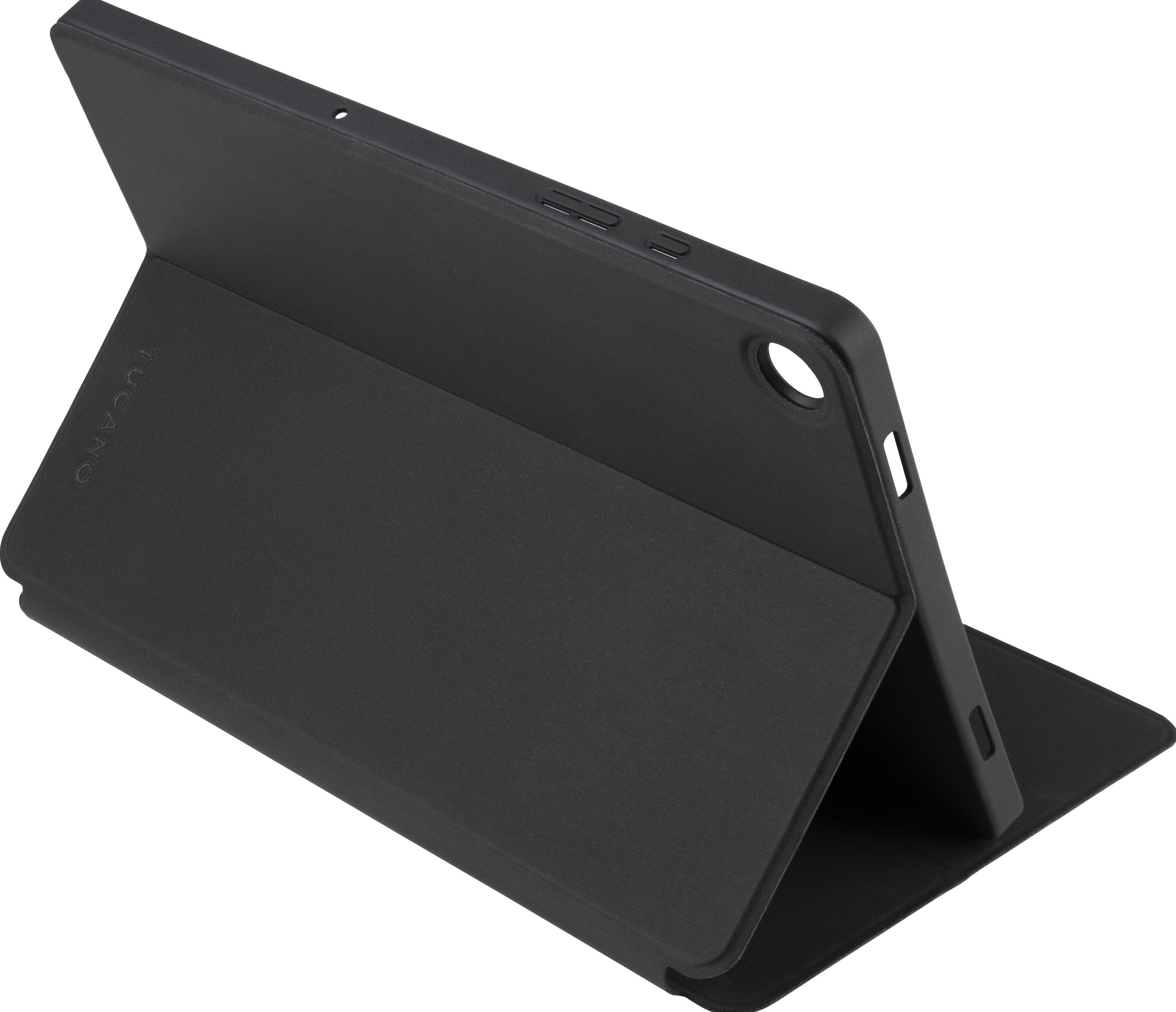 Una custodia per tablet nera, aperta e angolata, con il logo Tucano.