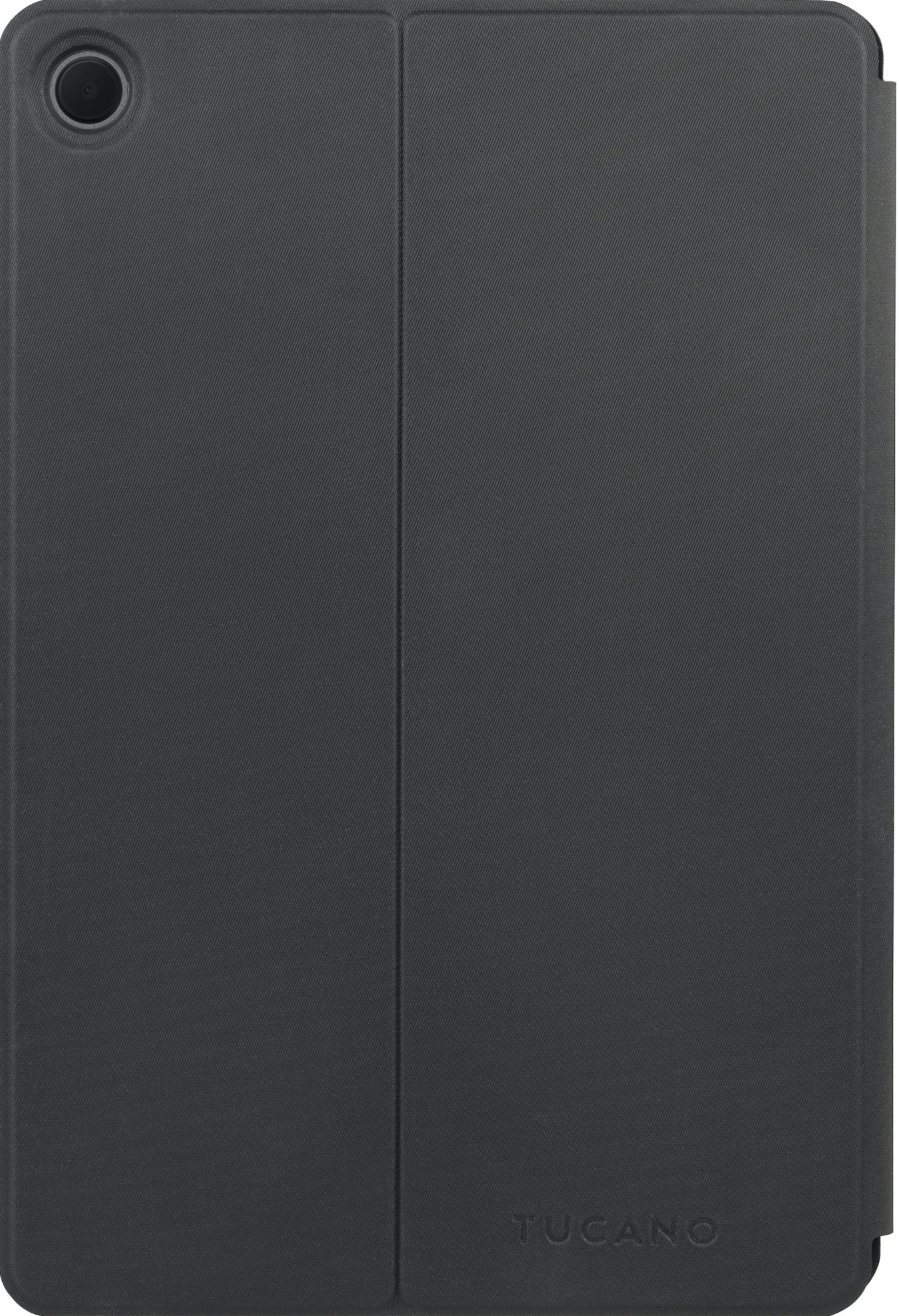 Una cover per tablet chiusa. La cover è grigio scuro. La fotocamera del tablet è in alto.