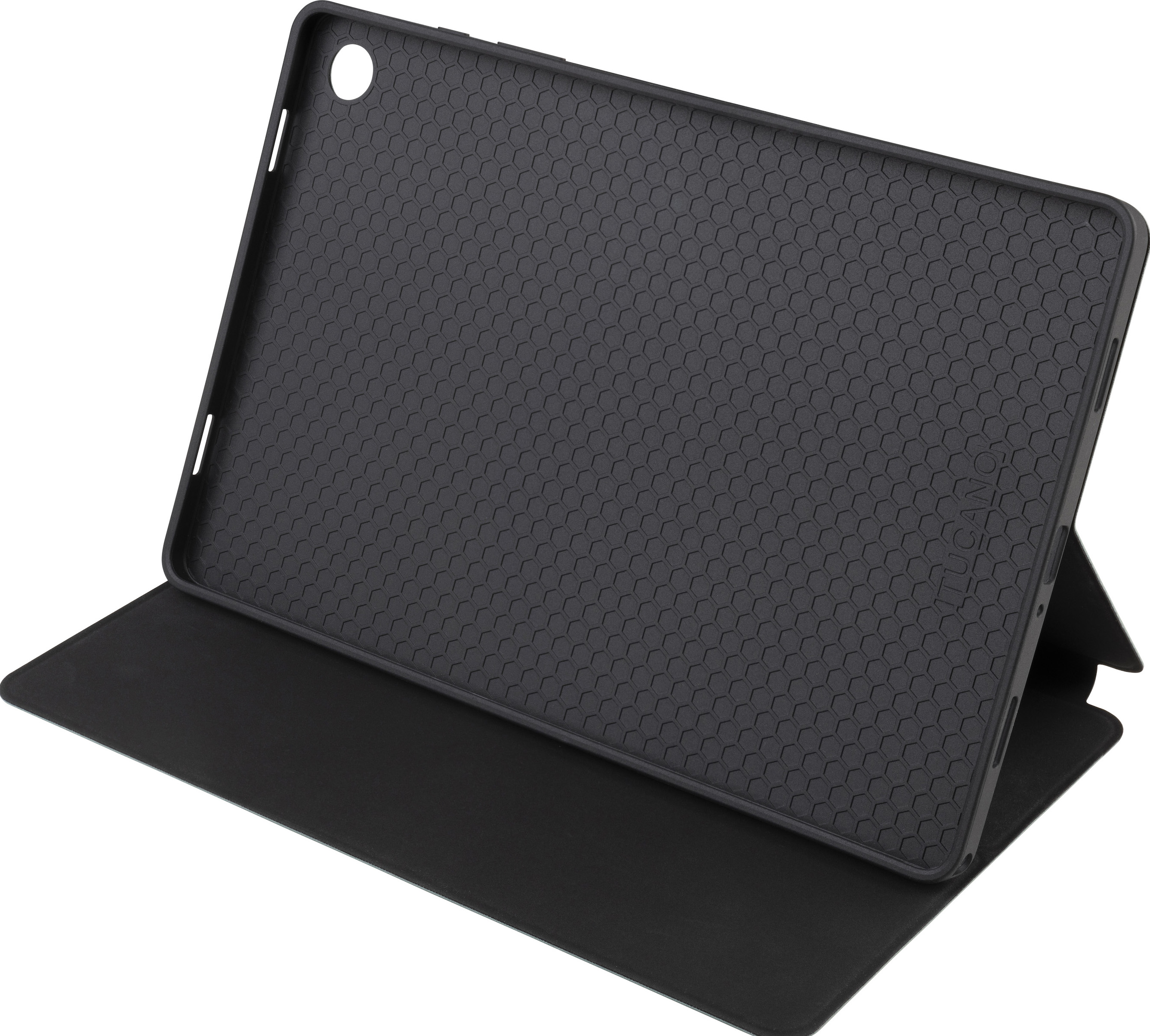 Custodia per tablet aperta, che mostra l'interno. Nera con motivo a nido d'ape e un supporto.