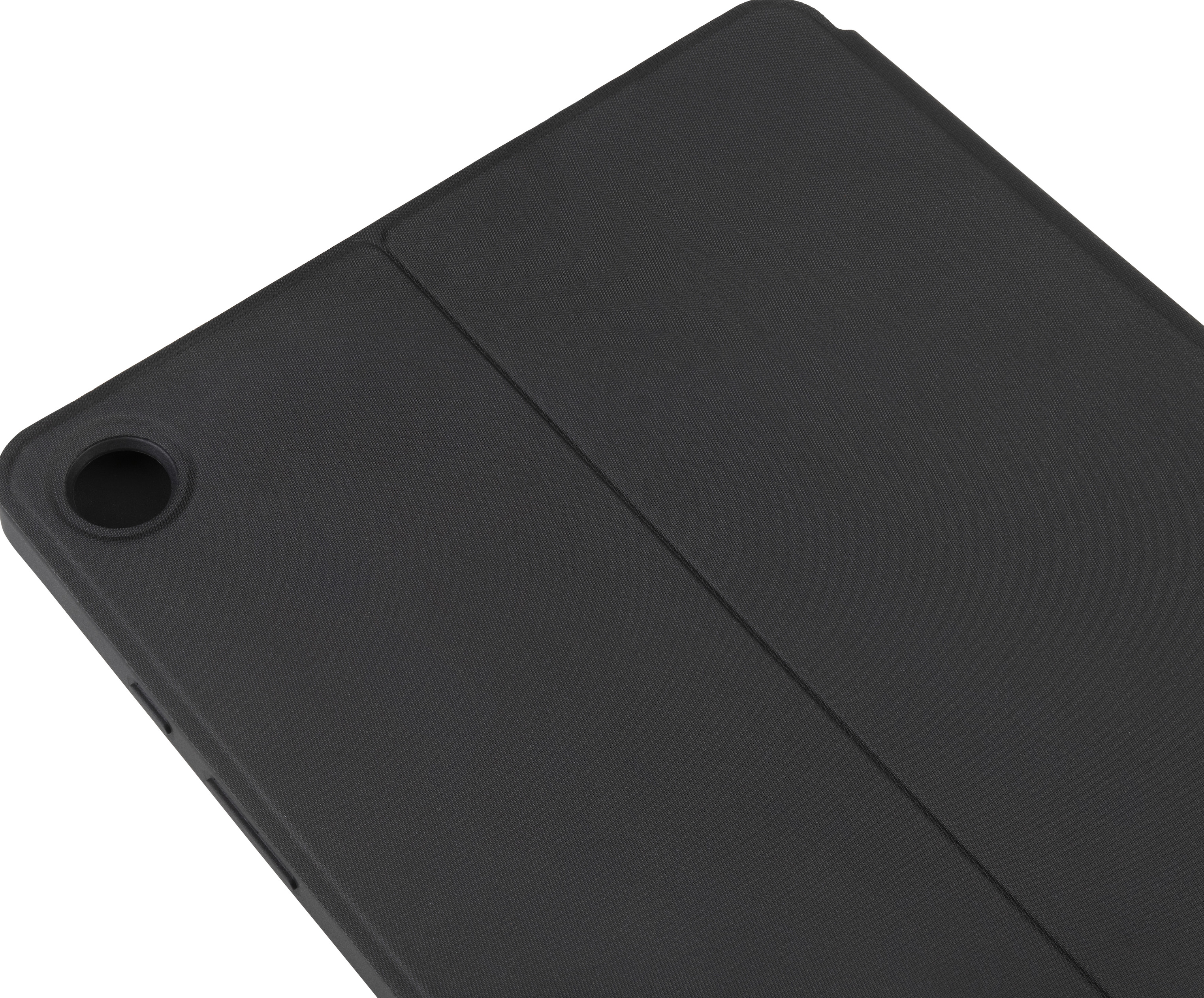 Un tablet nero con custodia è mostrato su sfondo bianco. Il tablet ha un obiettivo e un angolo arrotondato.