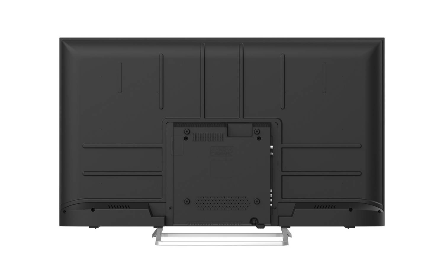 Parte trasera de un televisor negro con puertos y un soporte.