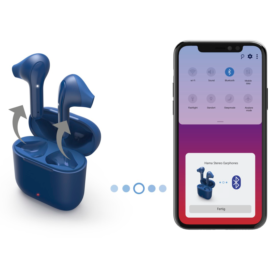 Écouteurs sans fil bleus dans leur étui de chargement, avec un écran de téléphone.