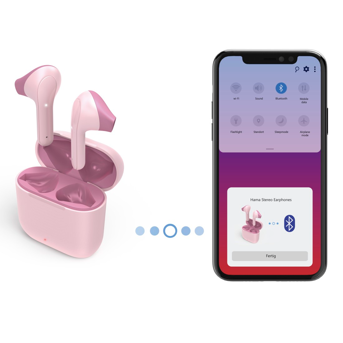 Écouteurs sans fil roses dans un étui de chargement, affichés avec un écran de téléphone.