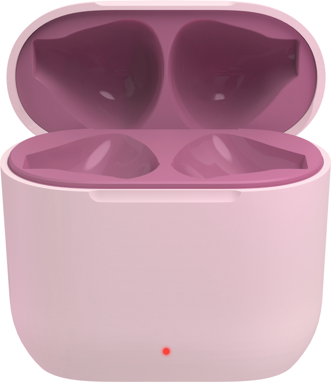 Étui de chargement rose, ouvert avec deux compartiments, indiquant un état de charge par une petite lumière rouge.