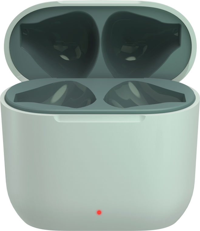 Étui de chargement blanc pour écouteurs avec écouteurs à l'intérieur et une lumière de charge rouge.