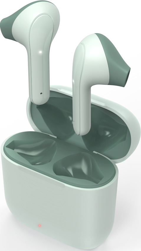 Écouteurs sans fil blancs et bleu-vert à l'intérieur d'un étui de chargement.
