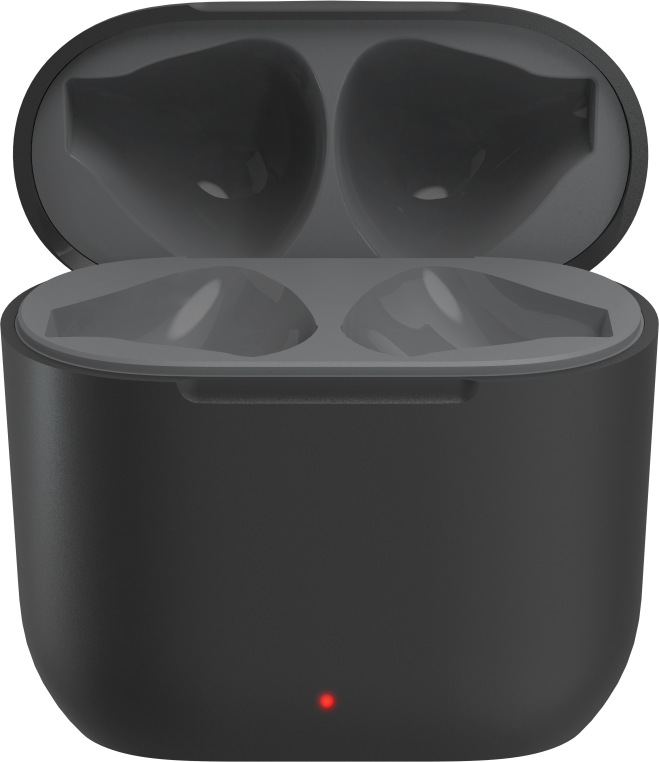 Boîtier de charge noir pour écouteurs avec voyant de charge rouge.