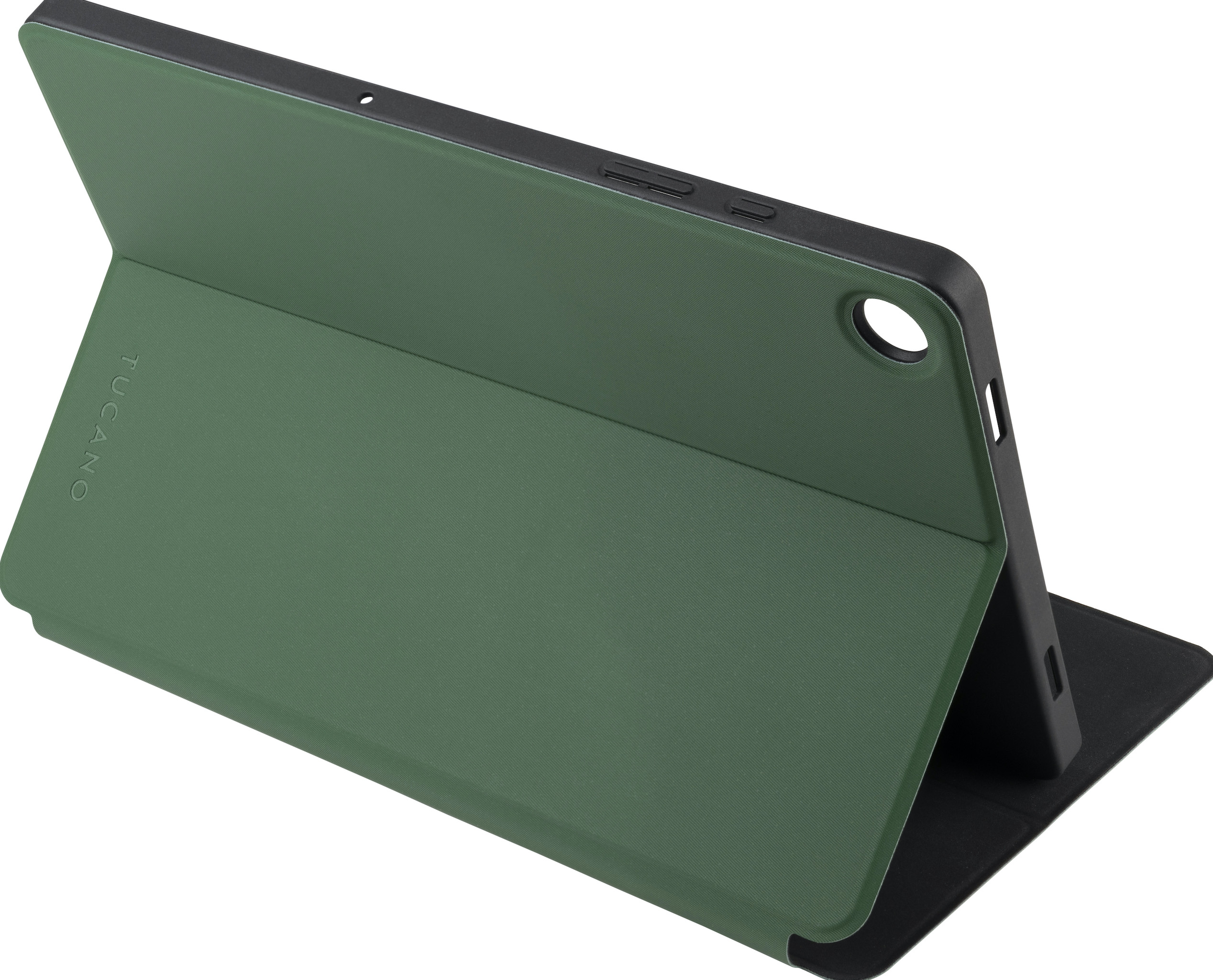 Una custodia per tablet verde è aperta, mostrando l'interno.