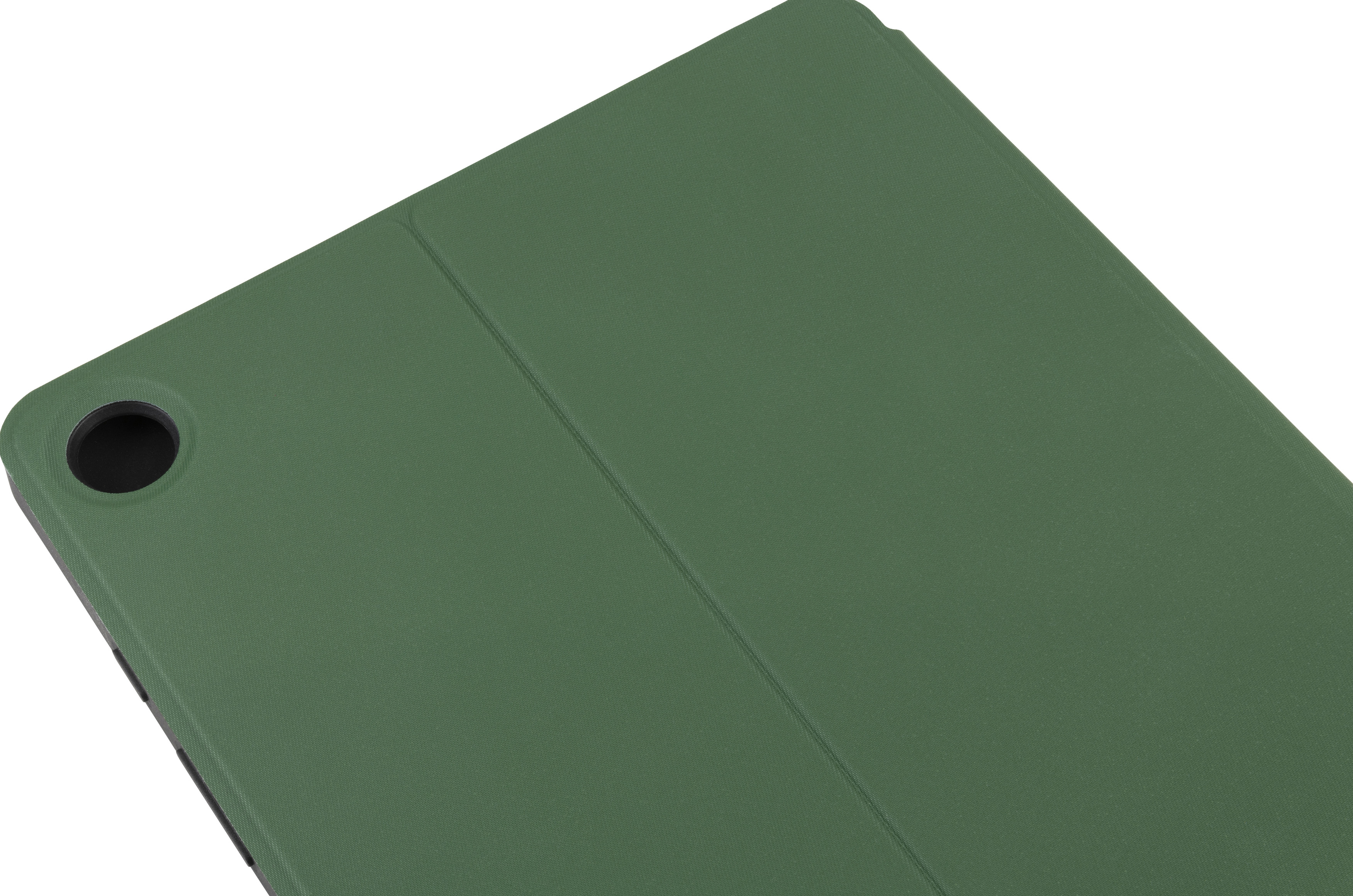 Una cover verde per tablet. La cover ha un foro per la fotocamera e un design pieghevole.