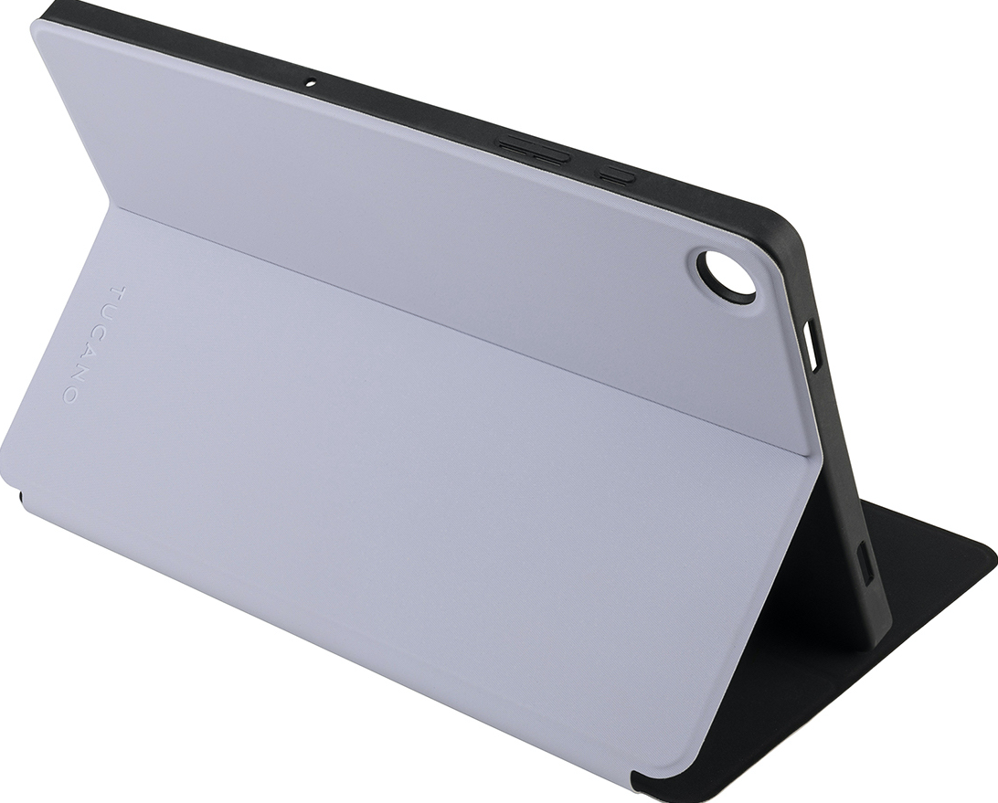 Graue Tablet-Hülle geöffnet. Schwarzer Rahmen. Weißes Innere. Tucano-Logo sichtbar.
