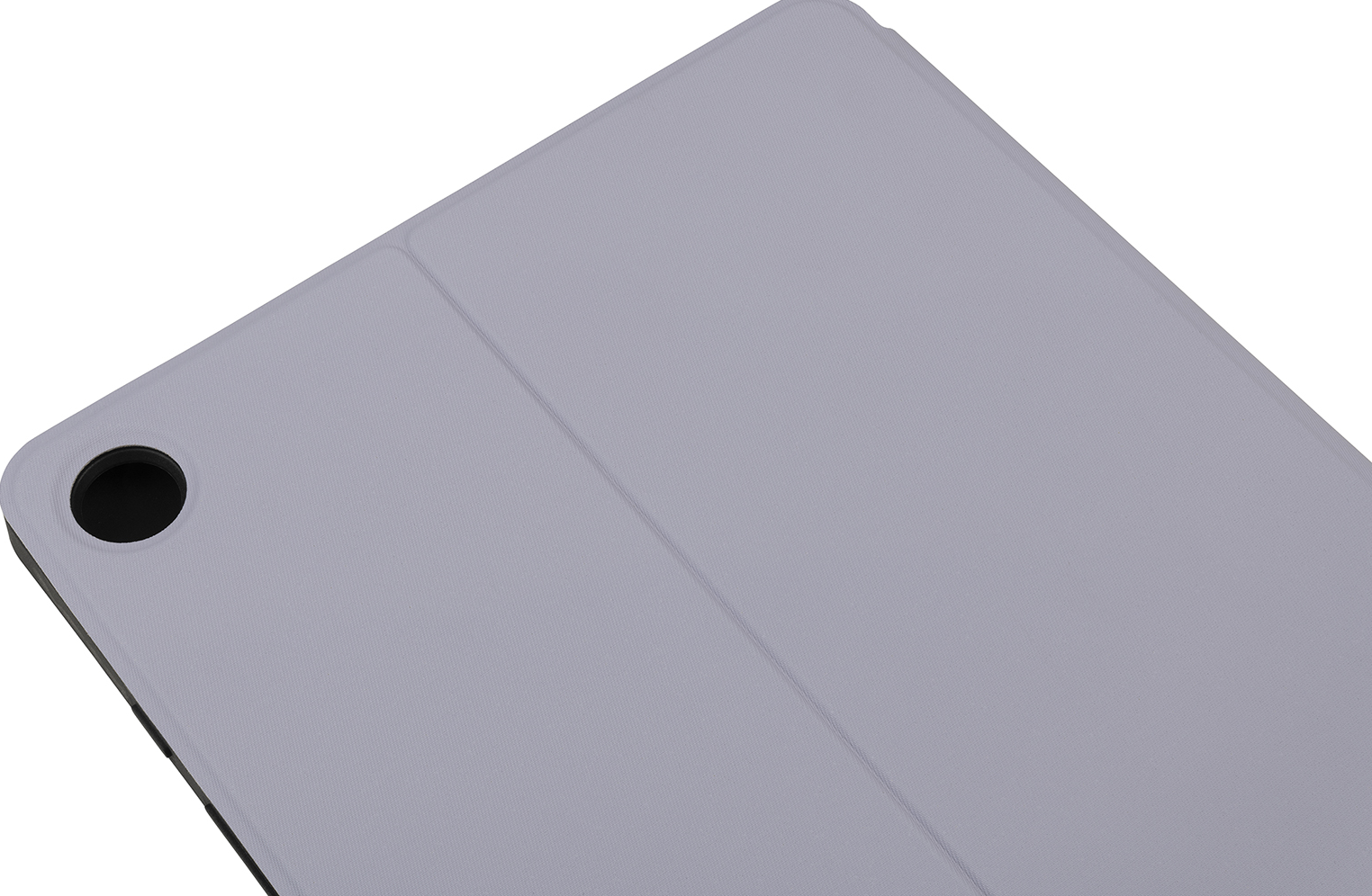 Eine graue Tablet-Hülle mit abgerundeter Ecke und schlichtem Design.