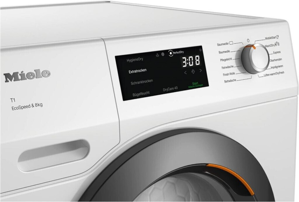 Een witte wasmachine met digitaal display en draaiknop.