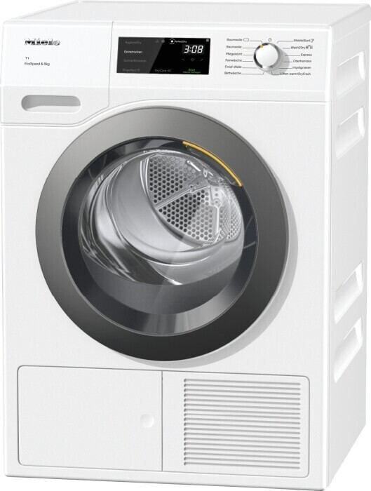 Witte wasmachine, digitaal display, knoppen en een zilveren ronde deur.