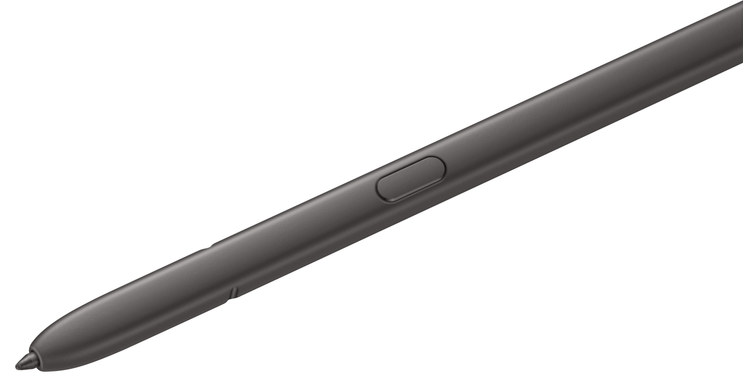 Sötétszürke stylus toll közeli képe, oldalsó gombbal. Fekete háttér.