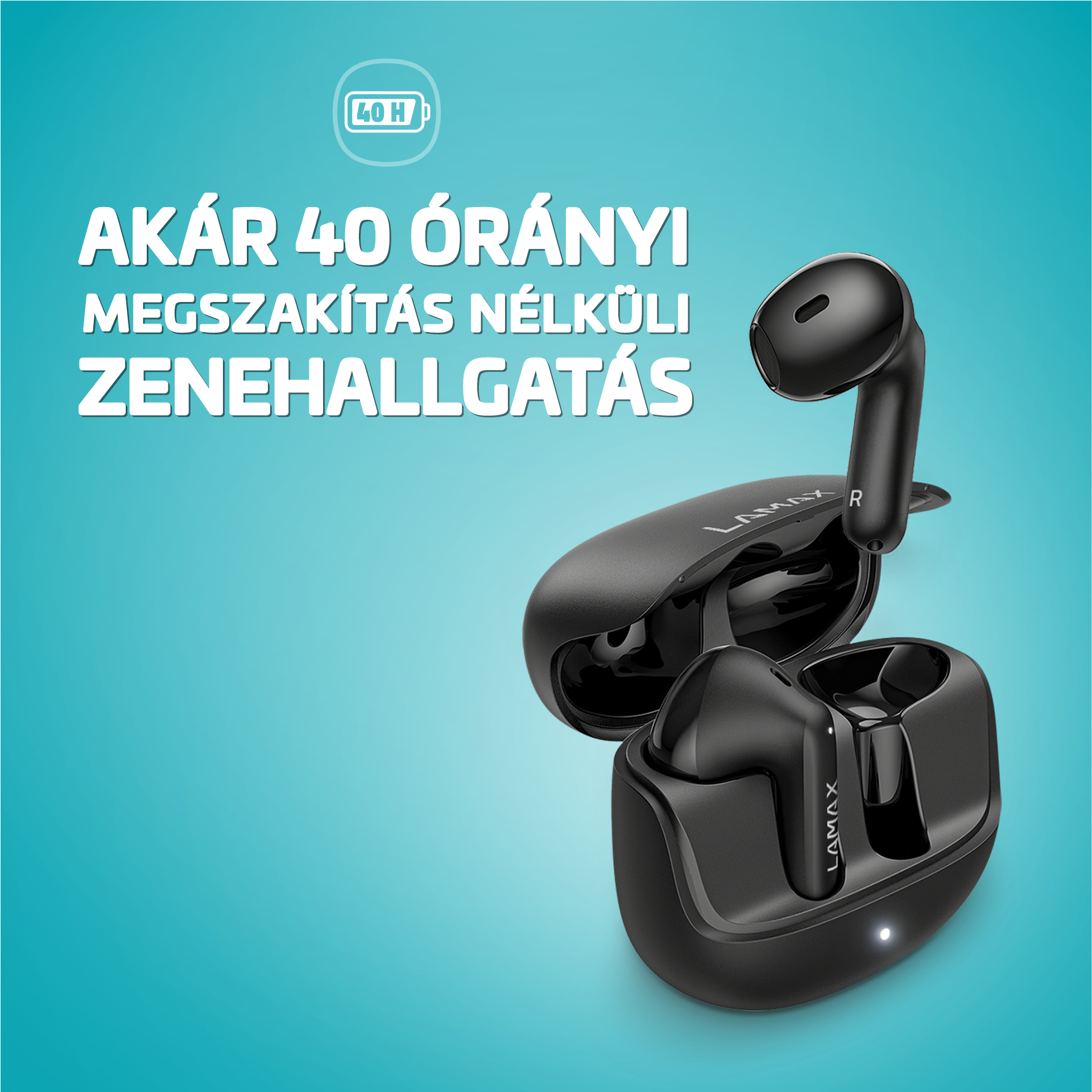 Fekete vezeték nélküli fülhallgató töltőtokban, háttérben szöveggel.