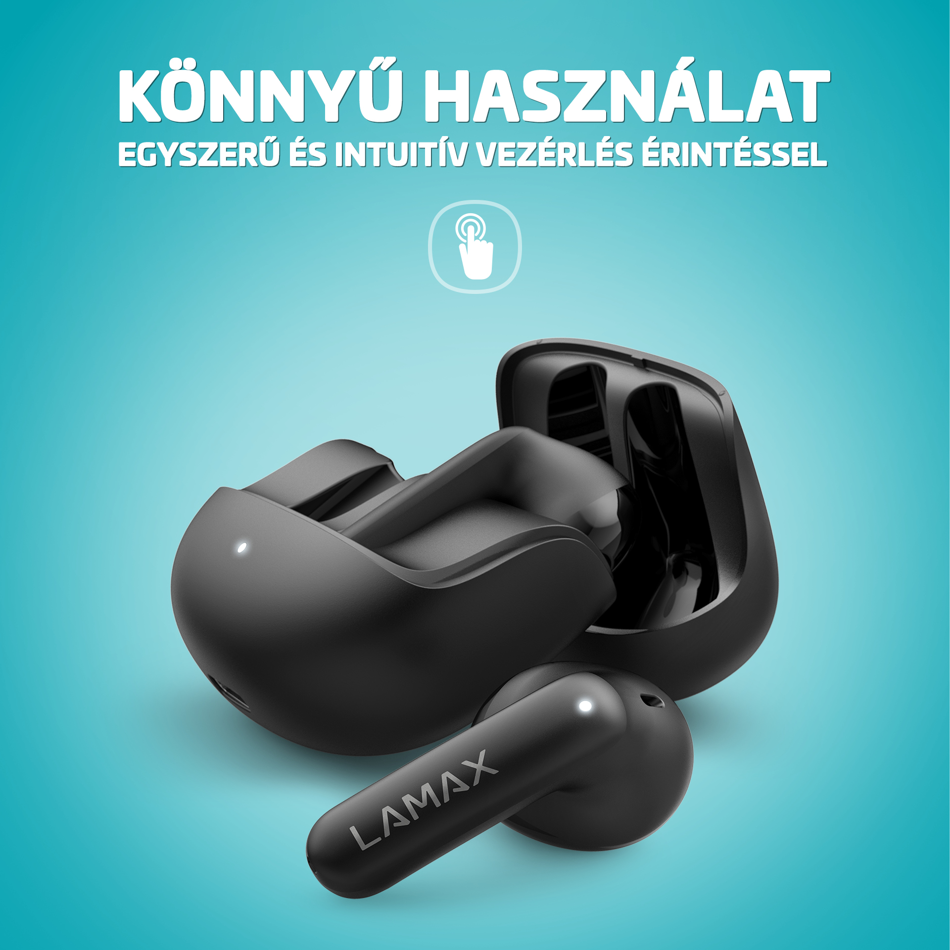 Fekete vezeték nélküli fülhallgató töltőtokban. A szöveg: 'Könnyű használat' és 'érintésvezérlés'.