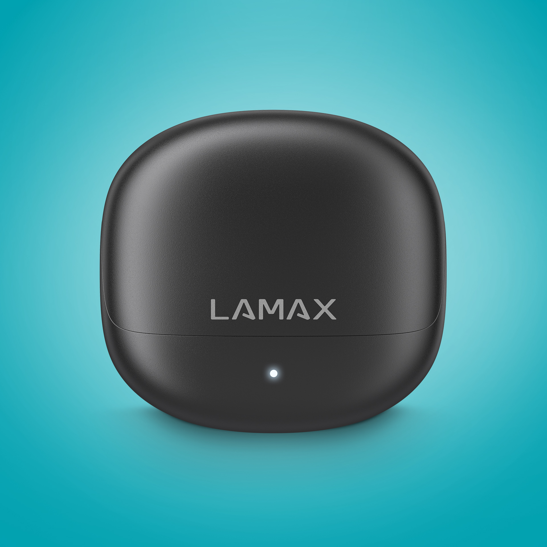 Fekete LAMAX töltőtok fehér LED-fénnyel, türkiz háttérrel.