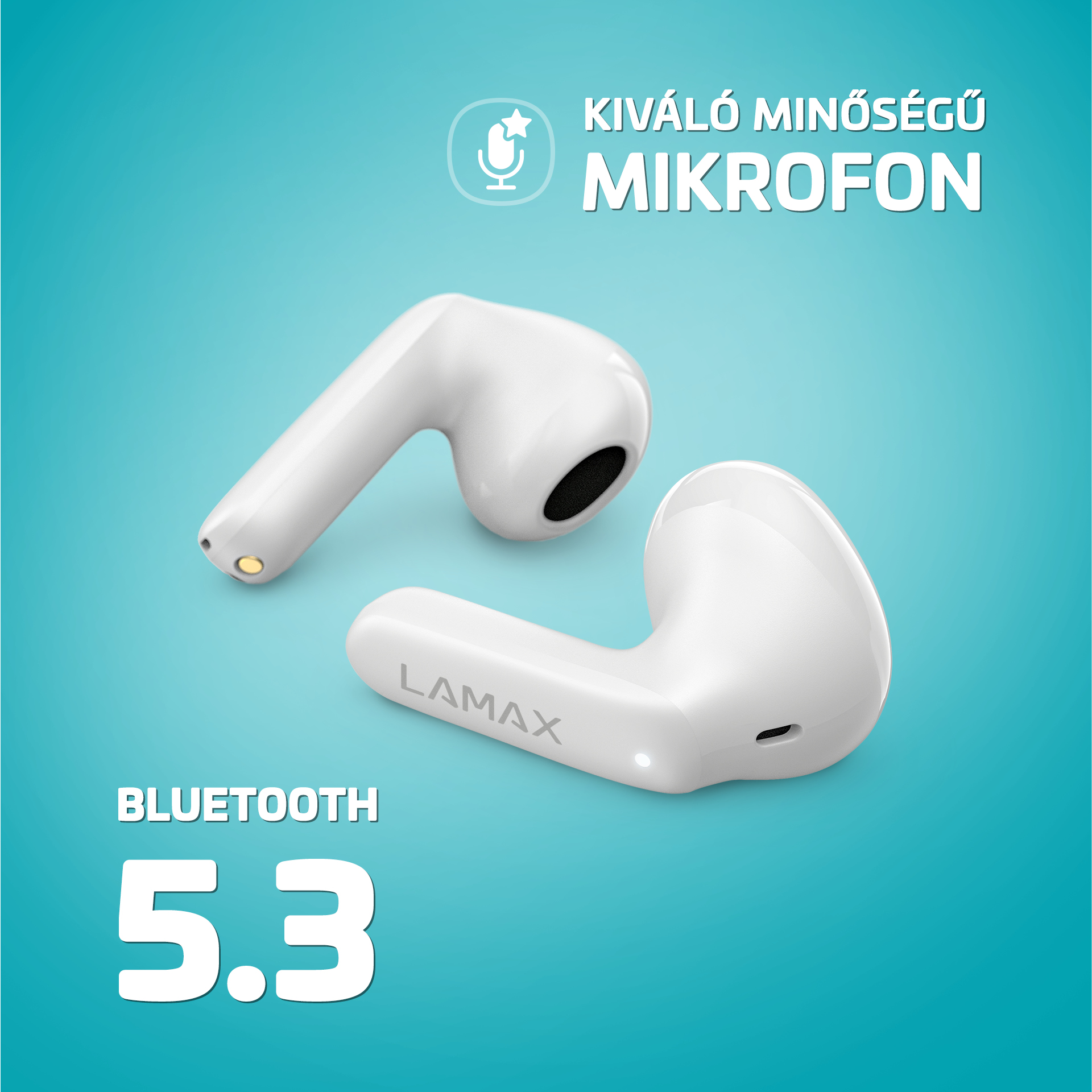 Fehér fülhallgató töltőtokkal. Szöveg: Kiváló minőségű mikrofon, Bluetooth 5.3.