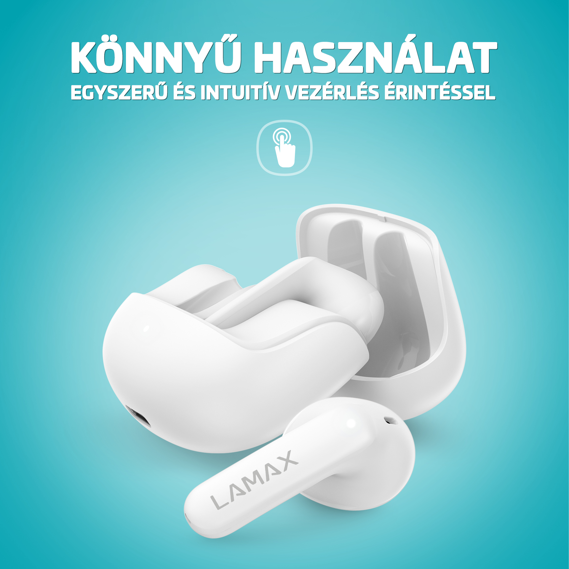 Fehér fülhallgatók és töltőtok kék háttéren, könnyű használatról szóló szöveggel.