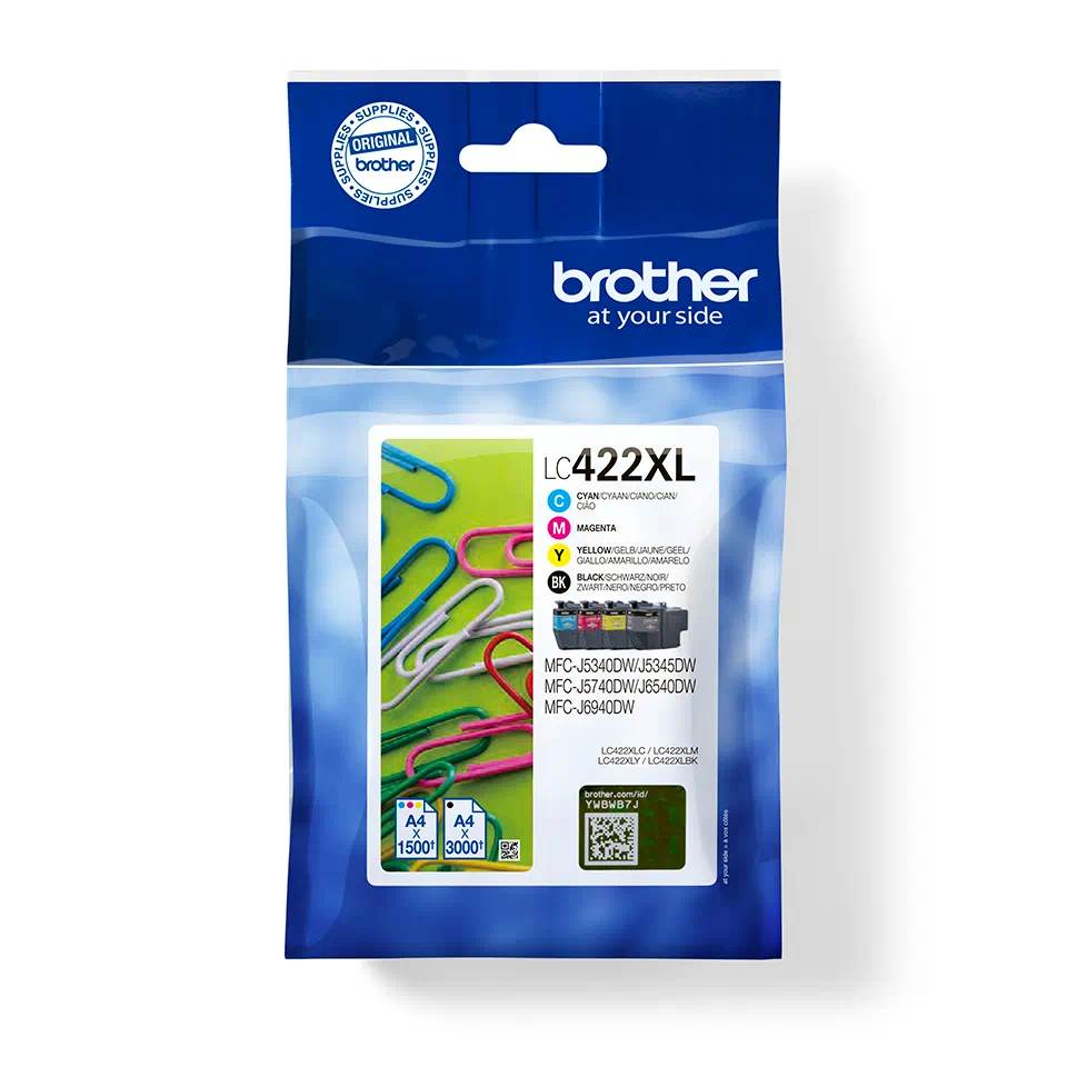 Embalaje de cartuchos de tinta Brother con clips coloridos, etiquetado LC422XL.