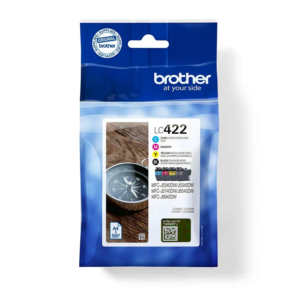 Paquete de cartuchos de tinta Brother con cartuchos de tinta codificados por colores y una brújula.