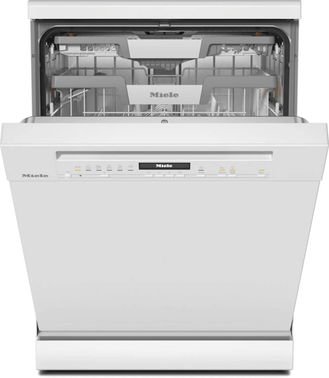 Un lavavajillas Miele blanco con la puerta abierta.